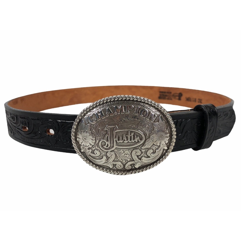 Justin Kids Champion Black Tooled Belt 811BK Black Top Grain Cowhide Made in USA